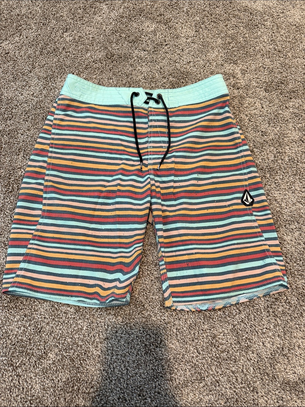 Volcom Men's Multi-Stripe Board Shorts with Teal Waistband